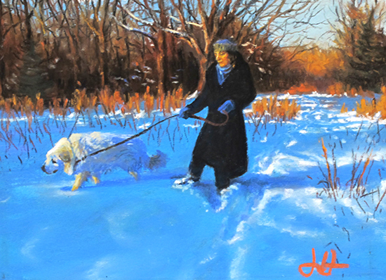 pastel painting of woman and Great Pyrenees dog, by John Hulsey